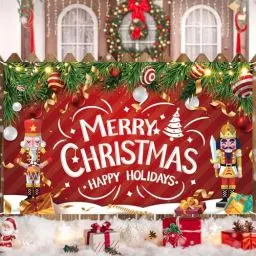 Produktbild: Weihnachten Banner Party Deko, Weihnachts Extra Große Rot Grün Nussknacker Hintergrund Banner Draußen Dekoration, XXL Merry Weihnachtsbanner für Weihnachten Party Drinnen Photo Booth Wand Deko