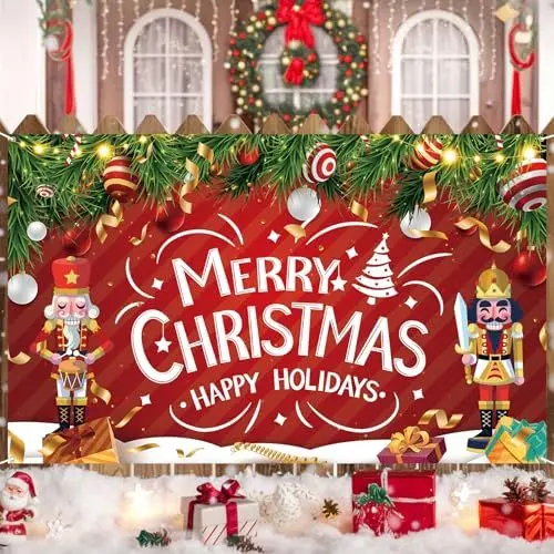 Produktbild: Weihnachten Banner Party Deko, Weihnachts Extra Große Rot Grün Nussknacker Hintergrund Banner Draußen Dekoration, XXL Merry Weihnachtsbanner für Weihnachten Party Drinnen Photo Booth Wand Deko