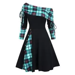Produktbild: Weihnachten Boho Kleid Damen Knielang Kashmir Schulterfrei Carmen Kleid Damen Vintage Kleider Elegant mit Knopfleiste Winterkleid Damen A Linie Langarm Muster Herbstkleid Damen Casual