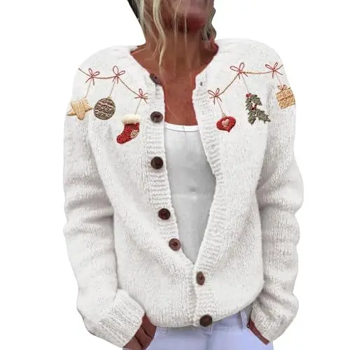 Produktbild: Weihnachten Damen Strickjacke mit Zopfmuster Kurz Cardigan Knopfleiste Open Front Sweater Weihnachtsjacke V-Ausschnitt Lustige Outerwear Blumenmuster Bedruckte Jacke Lässige Mantel (White, L)