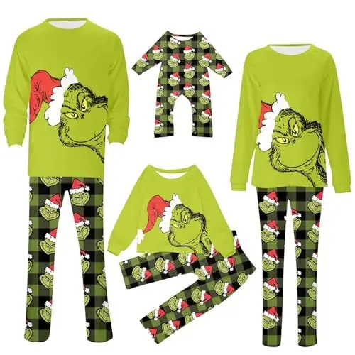 Produktbild: Weihnachten Grinch Schlafanzug Familie Pyjama Set Pyjama Couple Weihnachtspyjama Familie Set Schlafanzug Lang Outfit Winter Damen Herren Kinder Nachtwäsche Nachthemd Hausanzug Schlafanzüge 20
