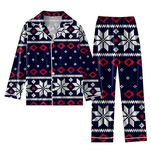 Produktbild: Weihnachten Hausanzug Damen Kuschelig Satin 2-Teilig Weihnachtsmann Pyjama Damen V-Ausschnitt mit Knopfleiste mit Kragen Rentier Langarm Schlafanzug Oberteil Lang Hose Nachtwäsche mit Taschen