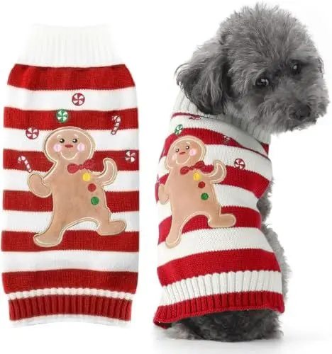 Produktbild: Weihnachten Hund Pullover Haustier Pullover Weste Gestreifte Lebkuchenmann Katze Pullover Warme Winter Hunde Kleidung für Kleine Mittlere Hunde Katzen Hässliche Xmas Welpen Outfits(Lebkuchenmann,XL)