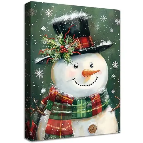 Produktbild: Weihnachten Leinwand Bilder Mit Rahmen Schneemann mit Zylinder Hut Wandbilder Grün Bild auf Leinwand Malerei Pictures Poster Kunstdrucke Korridor Wohnzimmer Schlafzimmer Wanddekoration 40x60cm