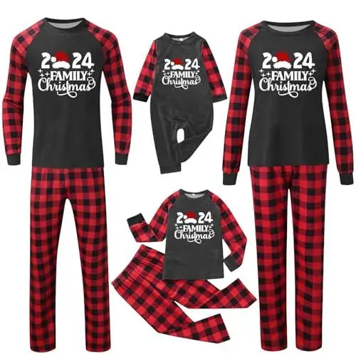 Produktbild: Weihnachten Schlafanzug Familien Pyjama Set Lange Ärmel Sleepwear Nachtwäsche Niedlich Druck Rundhal Loungewear Tops Hose Family Outfit Geeignet Für Damen Herren Kinder und Baby