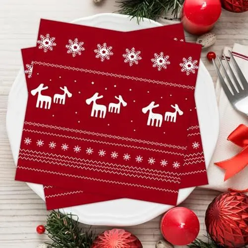 Produktbild: Weihnachten Servietten Rotes, 50Stück Weihnachtsservietten mit Rentier Schneeflocken Motiv, Weihnachtliche Tischdeko,Winter Paper Napkins, 3-lagig Einweg Papierservietten für Dinnerpartys Weihnachten