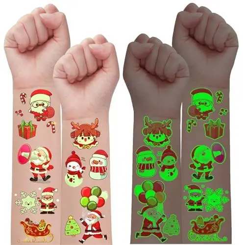Produktbild: Weihnachten Tattoos Kinder, 10 Blatt Leuchtende Weihnachten Tattoo Kinder, Weihnachten Temporäre Kindertattoo für Weihnachtsdeko Weihnachtsstrumpffüller Weihnachtsgeschenke Kinder Nikolaus Geschenke