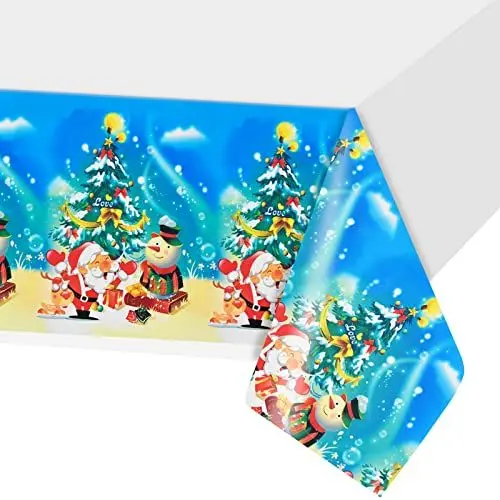 Produktbild: Weihnachten Tischdecke Dekoration, 43 * 71 Zoll Plastic Tischdecke Christmas mit Weihnachtsmann Schneemann, Einweg Tischdecken Rechteckig Weihnachten Blau Tischtuch Tischdeko für Xmas Neujahr Party