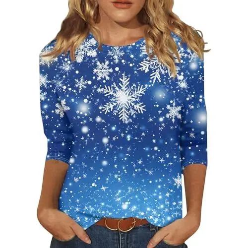 Produktbild: Weihnachtsbluse Damen Geschenke Weihnachten Tshirt Weihnachten Damen Damen Shirt 3/4 Arm Weihnachts Outfit Weihnachts Hemd Mode Damen Weihnachtskleid Sweatshirts für Damen Blau 2XL