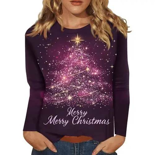 Produktbild: Weihnachten Weihnachtskleidung Damen Weihnachtsoutfit Wickelbluse Damen Weihnach Modern Top Damen Holiday Top Damen Damen Bluse Langarm Top Damen Outfit Weihnachten Weihnachtspulli Lila 2XL
