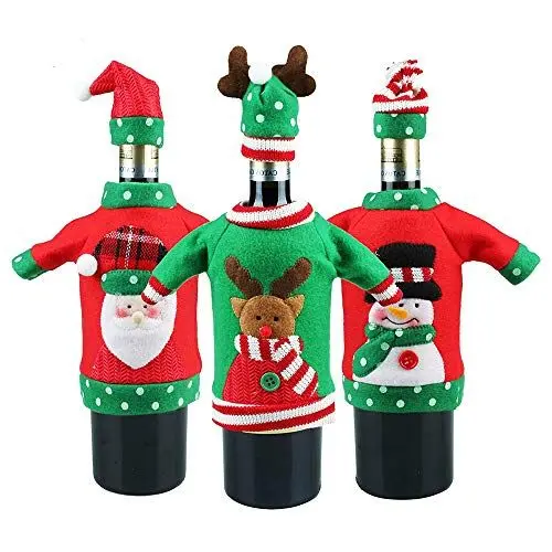 Produktbild: Meet-shop Weihnachten Weinflasche Abdeckung Taschen, 3pcs Flaschen-Kleidung mit Hut, Flaschenanzug, Flaschenüberzug, Weihnachtsmann Hut, Flaschebeutel