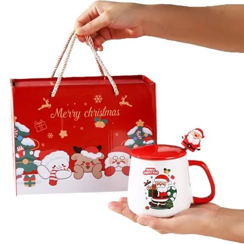Produktbild: Weihnachtliche Keramiktasse, Weihnachtliche Kaffeetassen mit Löffel und Deckel, Weihnachts-Rentier-Tasse, Originelle Kaffeetassen mit Griffen für Kaffee, Tee,