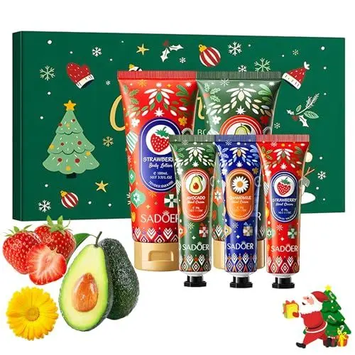 Produktbild: Weihnachtliches Handcreme & Körperlotion Geschenkset - 2x100ml Körpercreme & 3x30ml Handpflegecreme, Feuchtigkeitspflege für Trockene Haut/Hände, Weihnachtsgeschenkset für Frauen/Damen/Mama/Männer