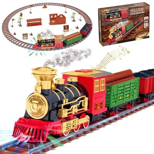 Produktbild: Weihnachts Eisenbahn Zugset, GTHBA Elektrische Dampfzug Kinder mit Realistisch Rauch, Licht & Geräuschen, Batteriebetrieben Dampflokomotive mit Bahngleis, Weihnachten Geschenk für Jungen, Mädchen