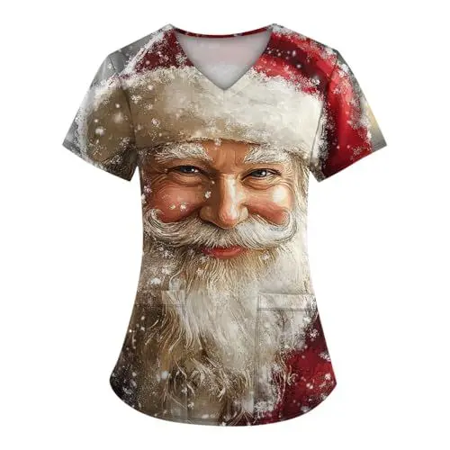 Produktbild: Weihnachts Kasack Damen Dehnbar T-Shirt Damen Knopfen Bluse Damen Weihnachten Motiv Bunt Pflege Kasack Hochgeschlossen Kasack（6-Khaki,4XL