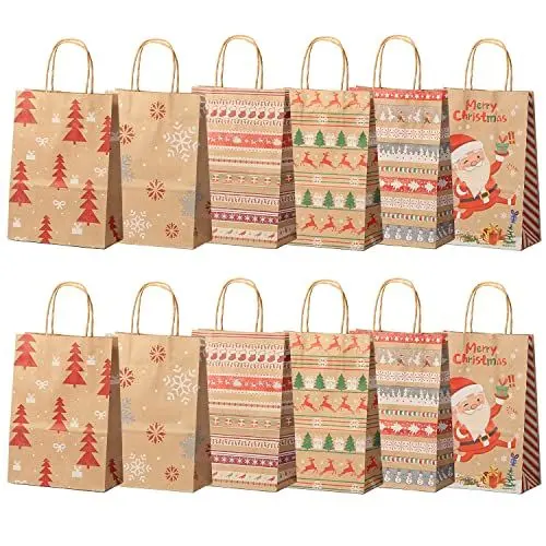 Produktbild: Weihnachts Kraft Geschenktaschen, 12 Stück Papiertüten Geschenktüten mit Griff Weihnachts Geschenktaschen Papiertüten Weihnachten Kraftpapiertüte GeschenktüTen für Party Geschenkverpackung (A)