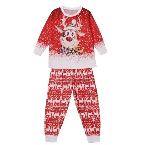 Produktbild: Weihnachts Pyjama Family Set Kuschelig Xmas Schlafanzug Bedruckt Weihnachten Pyjama Langarm Sweatshirt Tops+hose Outfit Weich Christmas Hausanzug Leichte Weihnachts Pyjamas Bequeme Sleepwear
