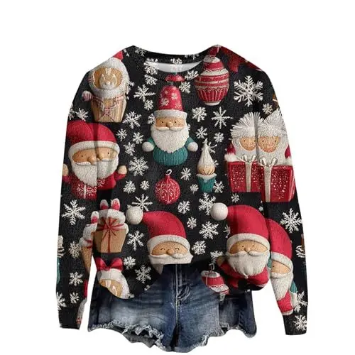 Produktbild: Weihnachts Tshirt Damen Winter Weihnachtsoutfit Weihnachtsshirt Damen Sweatshirt Langarm Ugly Christmas Shirts Weihnachtshemd Bluse Damen Weihnachten Kleidung Festliche Oberteile(Black,M)