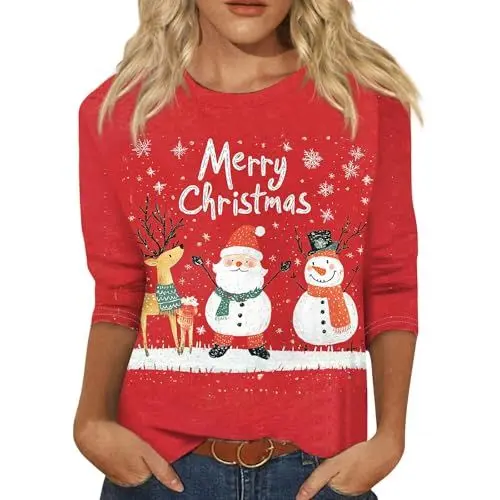 Produktbild: Weihnachts Tshirt Weihnachtsmann Kostüm Strickjacke Weihnachten Damen Tshirt Lustig Weihnachtsshirt Damen Langarm Weihnachtskostüm Damen Weihnachtsshirt Damen Holiday Tshirt Rot XL