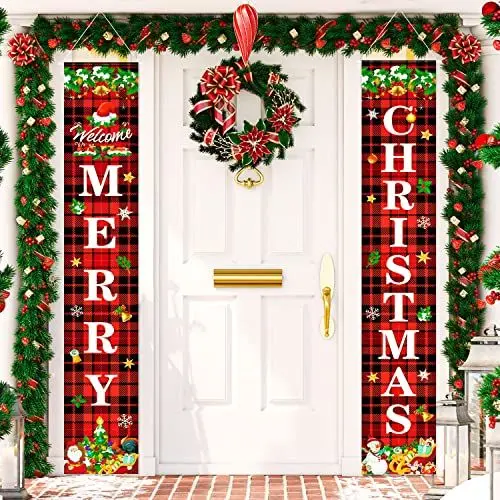 Produktbild: Weihnachtsbanner, Weihnachtsschilder, Merry Christmas Banner, Rot Frohe Weihnachten Banner, Buffalo Plaid Merry Christmas Schild, Hängend Weihnachten Deko Für Drinnen Draußen Tür Haustür Veranda.