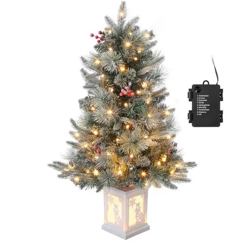 Produktbild: Weihnachtsbaum 90cm, künstlicher Weihnachtsbaum mit 78 Beleuchtung, 8 Modus Warmweiß Pre-lit Snow Flocked Weihnachtsbaum mit Beleuchteter Topf Weihnachten Deko für Familientreffen, Büro und Flure