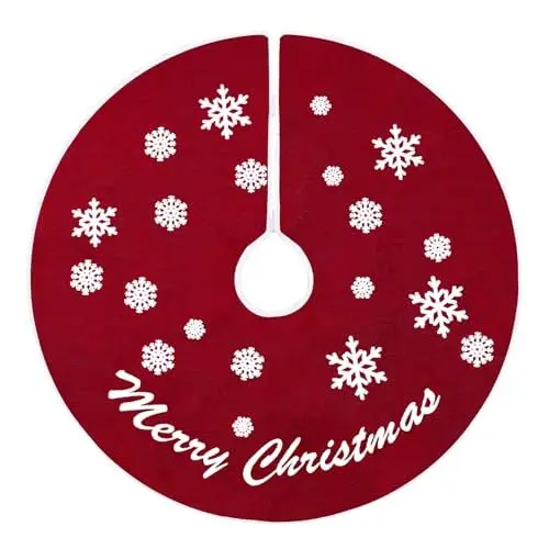Produktbild: Weihnachtsbaum Decke, 76cm Christbaumdecke, Rot Weihnachtsbaumdecke Rund, Leinen Tannenbaum Decke, ‘Merry Christmas’ und Schneeflocke Abdeckung für Christbaumständer, Zuhause Weihnachtsdekoration