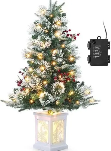 Produktbild: 90cm Weihnachtsbaum künstlich mit 78 Beleuchtung,Batteriebetrieben Pre-lit Premium Snow Flocked Künstlicher Weihnachtsbaum mit roten Beeren Weihnachten deko für Zuhause, Büro, Weiße Basis