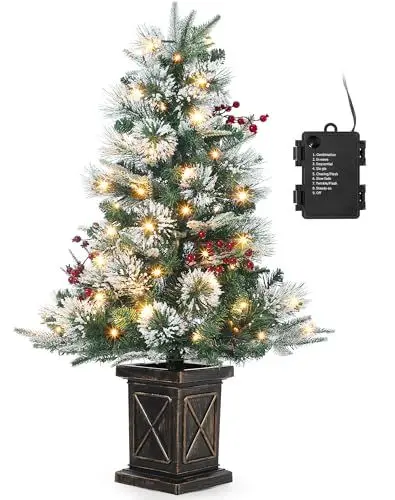 Produktbild: Weihnachtsbaum Künstlich mit Beleuchtung, 90 cm Künstlicher Weihnachten Baum Schneebeflockte mit 78 LED Retro Topfbasis Weihnachten Deko für Eingang Haus Büro