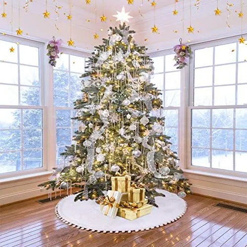 Produktbild: Weihnachtsbaum Rock Weiß Weihnachtsbaumdecke Rund Plüsch Weihnachtsbaum Rock Groß Fell Christbaumdecke Christbaumständer Teppich Baumdecke Weihnachtsbaum Deko, 122 cm