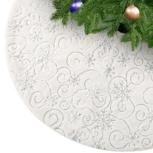 Produktbild: KONVINIT Weihnachtsbaumdecke Weiß Plüsch Christmasbaumdecke Kunstfell Weihnachtsbaumteppich Rund Weihnachtsbaum Rock Weihnachtsdeko mit Silber Pailletten Schneeflocke,78cm/90cm/122cm