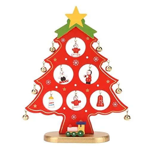 Produktbild: Weihnachtsbaum-Desktop-Ornament aus Holz, Platanen-Design mit 8 Glocken und 7 Anhängern, bruchsicher, leuchtende Farben, optimal für Tischdekoration, Hotels, Restaurants, (Rot)