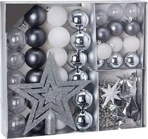 Produktbild: Weihnachtsbaumschmuck Set - 45 teilig in Silbertönen (Silber, Schwarz, Weiß etc.) - 36 Kugeln, Weihnachtsbumspitze, Dekosterne und Kette