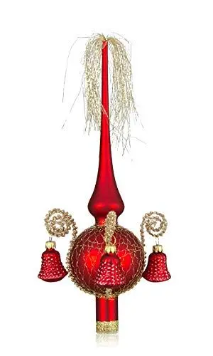 Produktbild: Weihnachtsbaumspitze mit Formglöckchen rot matt,umsp. L ca. 28cm d(Kugel) 7cm mundgeblasen,handdekoriert,Leonischer Draht Lauschaer Glas