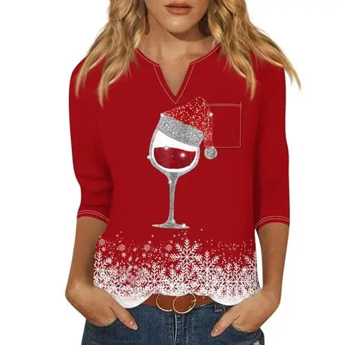 Produktbild: 3/4 Arm Shirt Damen Schwarz Christmas Vacation T Shirt Weihnachtspulli Damen Lustige T Shirts Weihnachtshemd Lustig Weihnachtspullover Damen Lustig Frauenmanteltee 3/4 Arm Rot 3XL