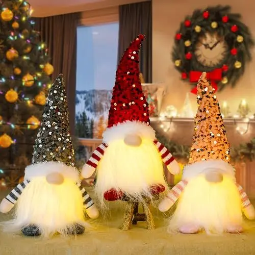 Produktbild: Weihnachtsdeko Figuren 3 Stück Weihnachten Deko Wichtel mit Licht, Weihnachtsdeko innen Plüsch Weihnachtswichtel Amerikanisch mit LED Weihnachten Tischdeko Beleuchtung Wichtel für Weihnachtsdekoration
