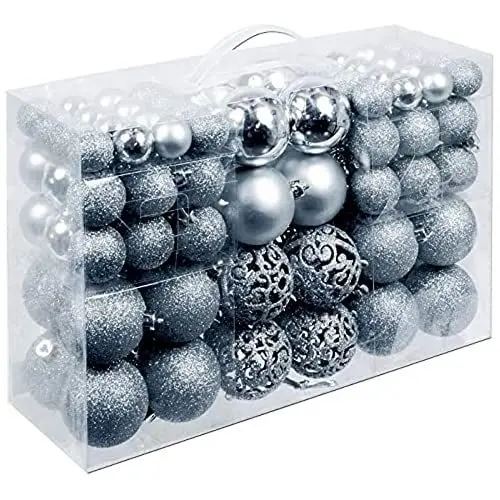 Produktbild: Weihnachtsgeschenke Set mit 100 Weihnachtskugeln – Dekoration – unzerbrechlich – für drinnen und draußen – Kunststoff – Ø3/4/6 cm – matt, glänzend, glitzernd und offen – Silber