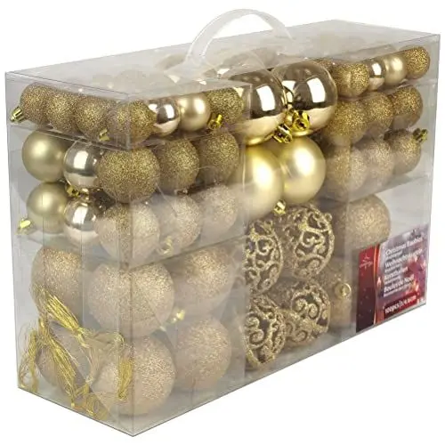 Produktbild: Weihnachtsgeschenke-Set mit 100 Weihnachtskugeln – Dekoration – unzerbrechlich – für drinnen und draußen – Kunststoff – Ø3/4/6 cm – matt, glänzend, glitzernd und offen – Gold