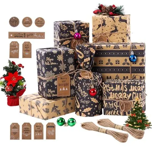 Produktbild: Weihnachts-Geschenkpapier, 12 Blatt, recyceltes Kraftpapier, 6 blaue Weihnachtsmotive