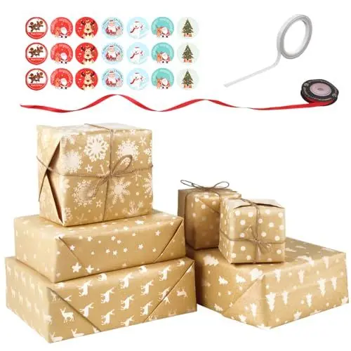 Produktbild: Weihnachtsgeschenkpapier Weihnachten mit 1 Rolle Band, 5 Blätter Weihnachtspapier Geschenkpapier Set mit Aufklebern 100X44cm Geschenkverpackung für Xmas kinder - Kraftpapier