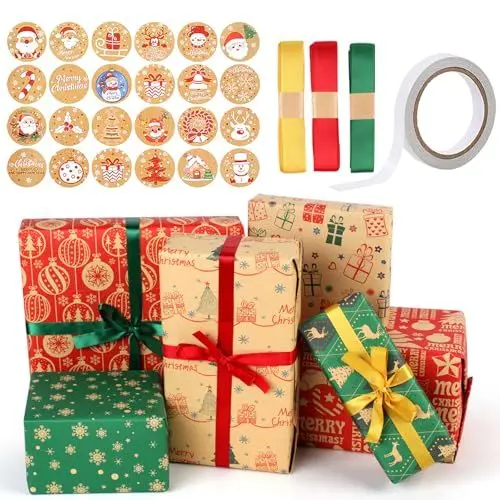 Produktbild: Weihnachtsgeschenkpapier Weihnachten mit 1 Rolle Band, 6 Blätter Weihnachtspapier Geschenkpapier Set mit Aufklebern Geschenkverpackung für Xmas kinder - 70X50cm