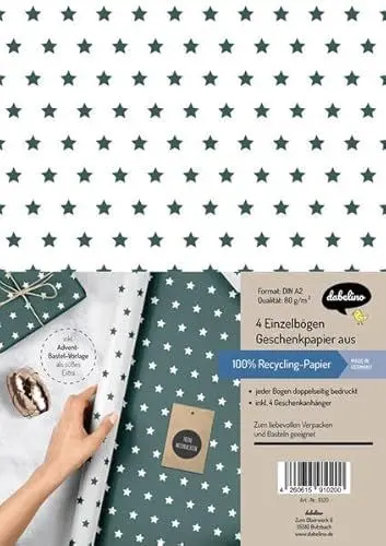 Produktbild: Weihnachtsgeschenkpapier-Set: Sterne (grün/ weiß): 4x Einzelbögen + 4x Geschenkanhänger