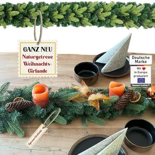 Produktbild: Weihnachtsgirlande künstlich 150 cm I Naturgetreue Nachbildung mit Spritzguss Elementen, Weihnachtsdekoration für Innen, Draußen + Eingangstür Halterung I ohne Deko (Grün, 150 cm)