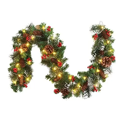 Produktbild: Weihnachtsgirlande mit 50 LED Beleuchtung, Künstliche Weihnachtstannengirlande Dekorativ für Treppen, Kamine, Büros Im Freien (2.7M)