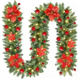 Produktbild: Weihnachtsgirlande mit Beleuchtung, Afenau 2.7M Girlande Weihnachten, Tannengirlande mit Beleuchtung Außen, Christmas Garland, Weihnachtsgirlande Aussen für Außentreppen Hochzeit Party Dekoration, Rot