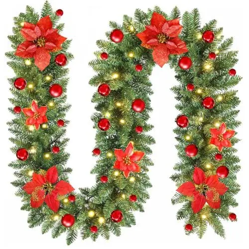 Produktbild: Weihnachtsgirlande mit Beleuchtung, Afenau 2.7M Girlande Weihnachten, Tannengirlande mit Beleuchtung Außen, Christmas Garland, Weihnachtsgirlande Aussen für Außentreppen Hochzeit Party Dekoration, Rot