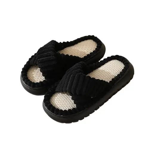 Produktbild: Hausschuhe Weiche Sohle Anti-Rutsch-Hausschuhe aus Baumwolle und Leinen für Vier Jahreszeiten Damen Sandalen Vorne Geschlossen (Black, 38)
