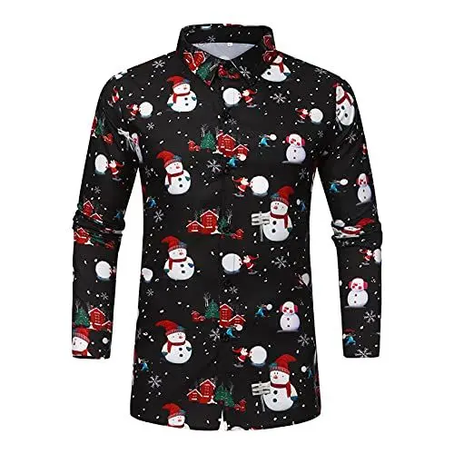 Produktbild: Weihnachtshemd Herren Christmas Print Weihnachtskleidung Hemd Herren Stehkragen Langarm Weihnachtsoutfit Weihnachtsmann Kostüm Weihnachts T-Shirts Für Herren Freizeithemd Lustige Geschenke Für Männer
