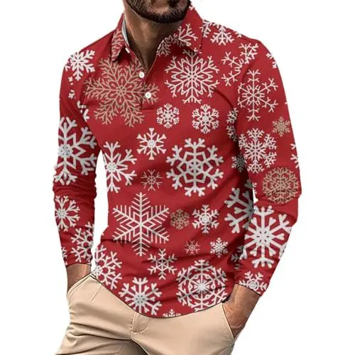 Produktbild: Weihnachtshemd Herren Christmas Print Weihnachtskleidung Reverskragen Longsleeve Herren Weihnachtsoutfit Weihnachtsmann Kostüm Weihnachten T-Shirts Für Herren Freizeithemd Geschenk Für Männer