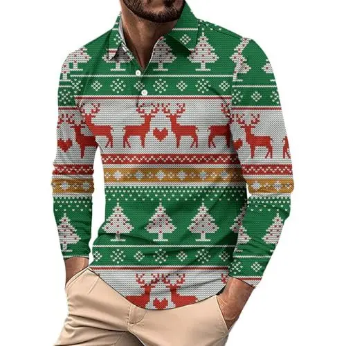 Produktbild: Weihnachtshemd Herren Christmas Print Weihnachtskleidung Reverskragen Longsleeve Herren Weihnachtsoutfit Weihnachtsmann Kostüm Weihnachten Tshirt Herren Freizeithemd Geschenk Für Männer