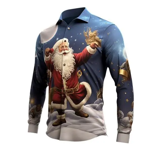 Produktbild: Weihnachtshemd Herren Christmas Print Weihnachtskleidung Reverskragen Longsleeve Herren Weihnachtsoutfit Weihnachtsmann Kostüm Weihnachts Tshirt Herren Freizeithemd Männer Geschenke